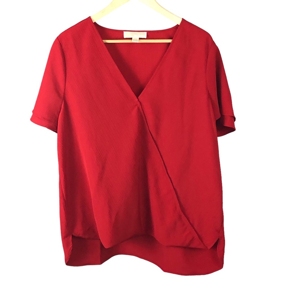 BLOUSE - Women's Michael Kors Red V-Neck Layered Sleeves Mock Wrap Top. Size XL